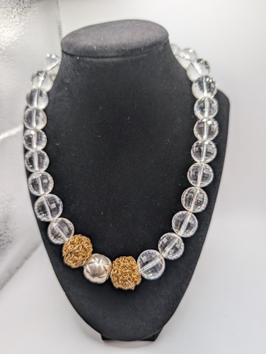 Vintage Large Clear Lucite Beaded necklace with gold spiral balls 20” long. 92.5