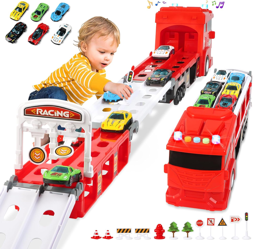 Carrier Truck Race Car Track Set for Toddlers Toys, 4 FT Race Track and 6 Die-Ca