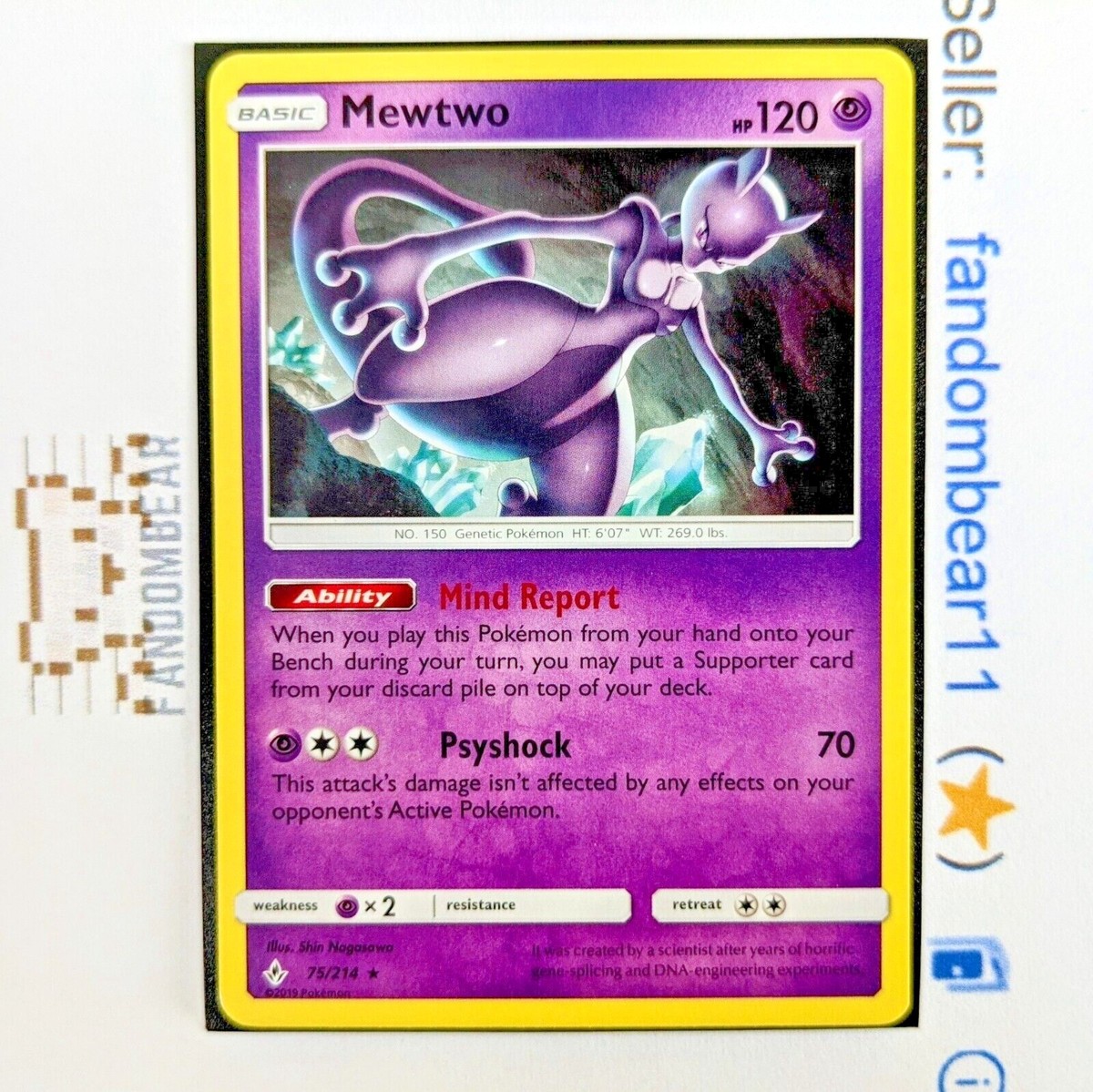 ポケモンカード 英語版　75/214 ミュウツー　Mewtwo Mewtwo RARE card 75/214 Sun & Moon Unbroken Bonds Non-Holo 2019