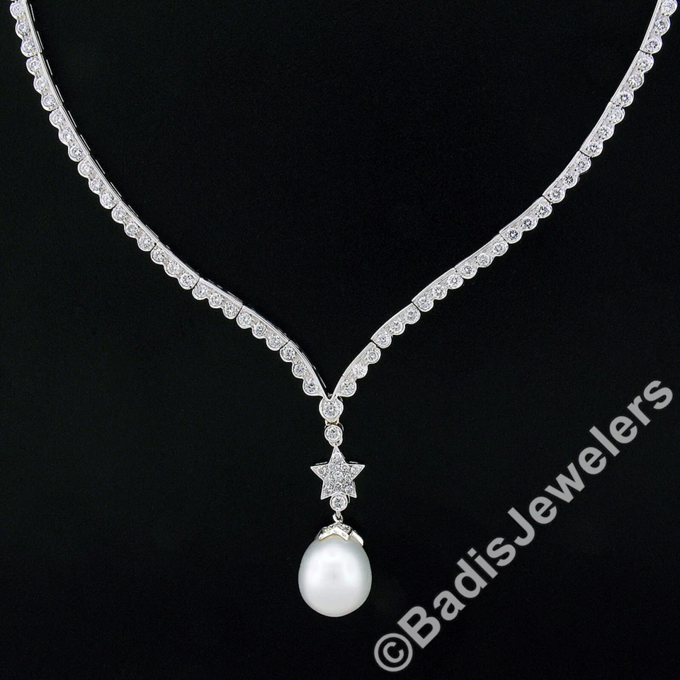 Elegante collar colgante colgante colgante con gota de estrella y perla de diamantes Chevron de 4,69 quilates de oro de 18k  Foto 2 de 4