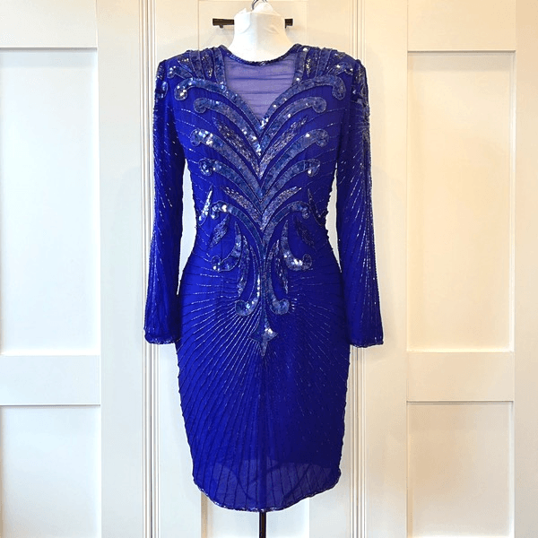 Stenay Paris Vintage Blue Silk Heavily Beaded Embellished Cocktail Dress 6