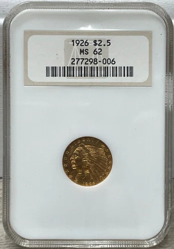 1926 P $2.5 Gold Indian Head Uncirculated Quarter Eagle NGC MS-62 Old Fatty Case