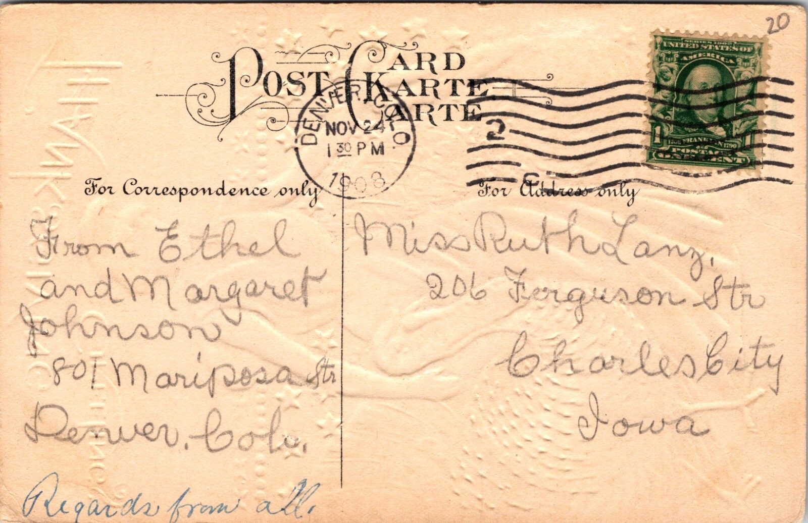 1908 Thanksgiving Postcard Lady Columbia US Flag Skirt Walks With 2 Turkeys thumbnail 2