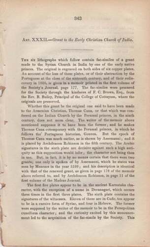 "Zuschuss an die frühchristliche Kirche Indiens" [von] JRAS." VII, 1843. - Bild 1 von 1