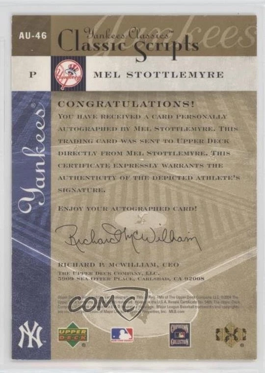 2004 Upper Deck Yankees Classics Classic Scripts Mel Stottlemyre #AU-46 Auto - Image 2 of 2