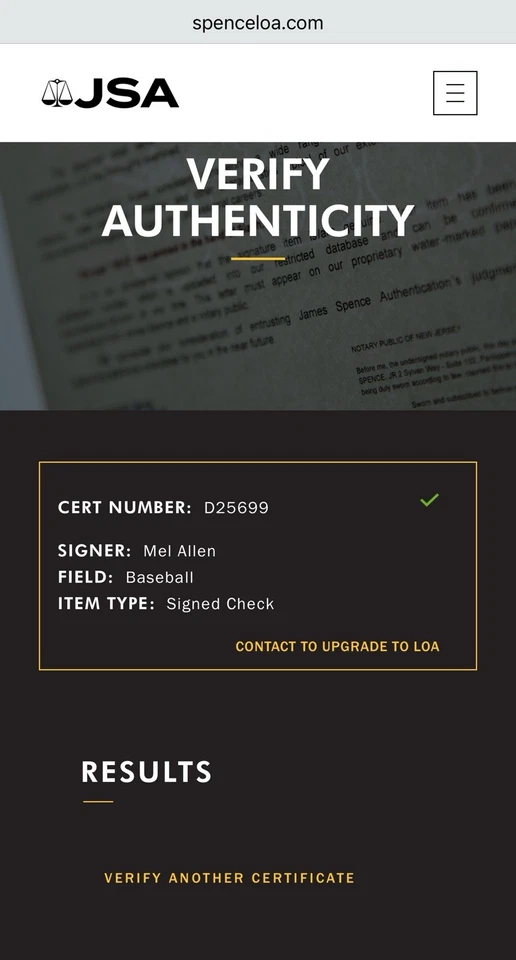 Yankee Legend Broadcaster Mel Allen Firmado Auto Check JSA Beckett BAS Foto 4 de 4