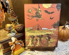 Retro Halloween, Witch Flying Over Farmhouse, Handcrafted Flat Board Canvas
