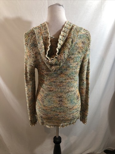 BCBG Maxazria Oatmeal With Teal & Orange Button Up Hooded Sweater - Womens L - Picture 2 of 3