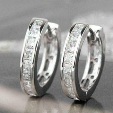 4.25 Ct Princess Cut Moissanite Hoop Huggies Earring 18K White Gold Plated
