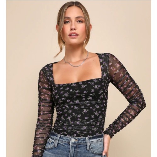 Crave Fame Blouse Womens S Navy Blue Floral Mesh Long Sleeves Ruched Square Neck - Bild 2 von 9
