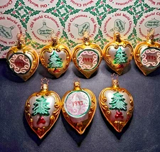Set of 8 Merck Family Old World Christmas Glass Ornaments Heart Tree 1993 w/Box