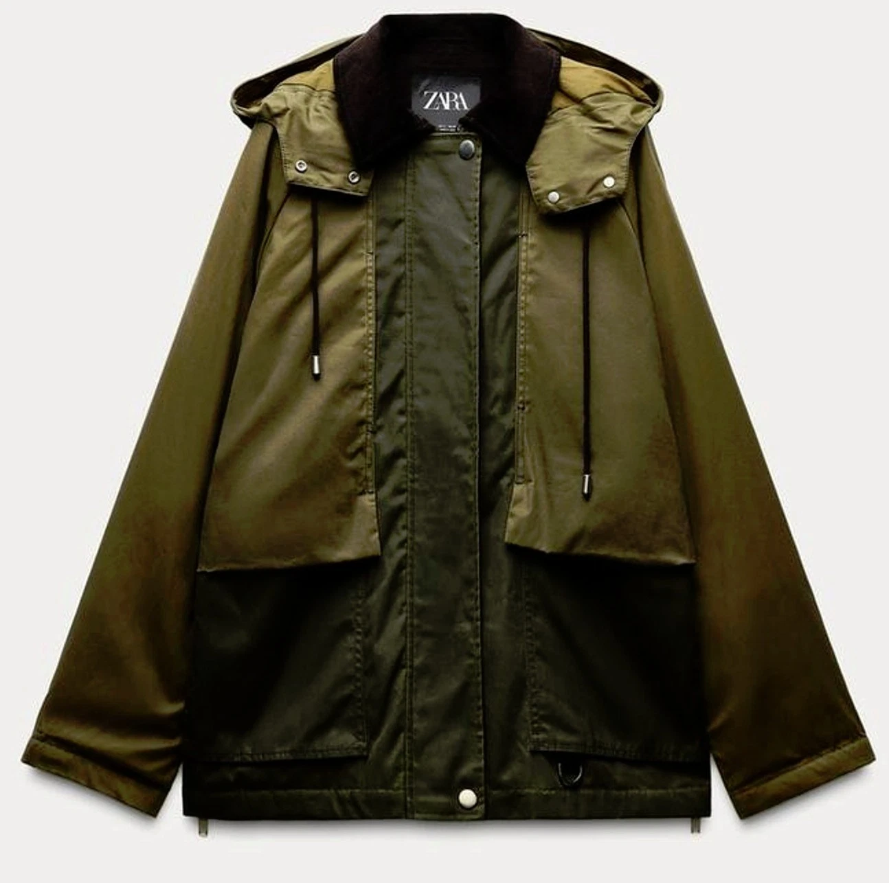 ZARA GREEN WAXED COATING REMOVABLE HOOD PARKA VASITY WINDPROOF COAT JACKET