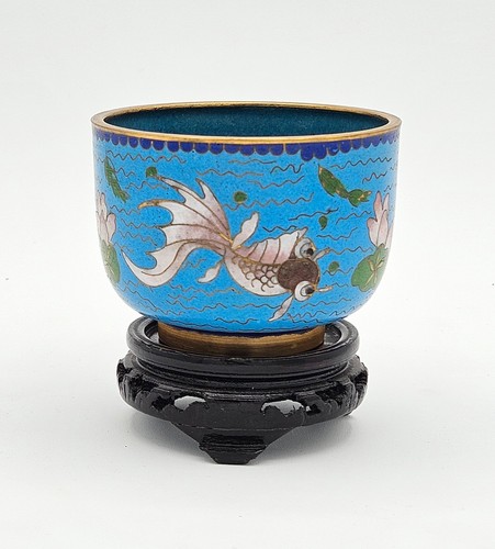 Chinese Cloisonne Bowl Goldfish and Lotus with Stand Qing Republic