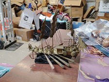Antique Chinese Export Brass? War Junk Boat Ship on Wood Stand