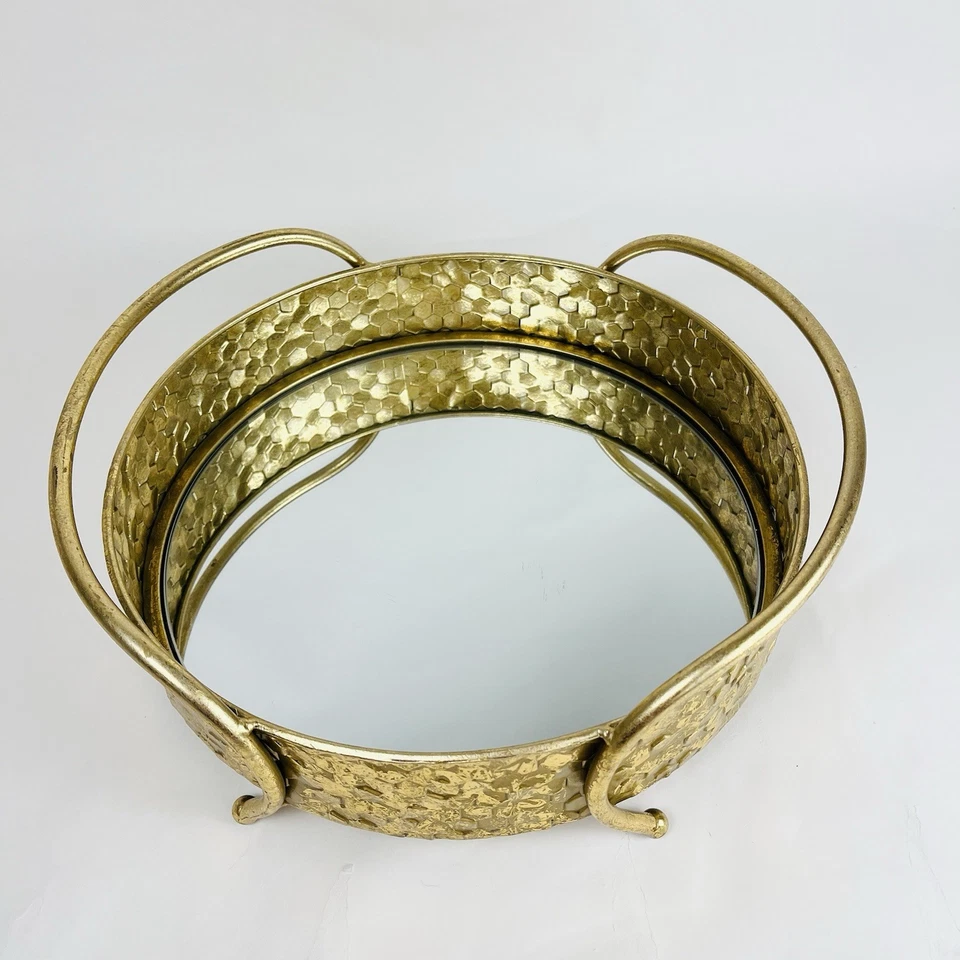 Gold Foil Round Mirror Decorative Tray With Handles, 14” Long - Image 2 of 4