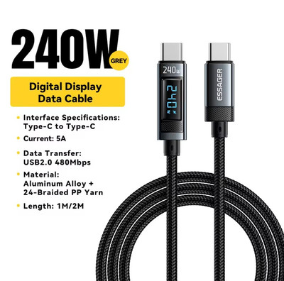 240W 6.5FT PD USB C To C Fast Charge Cable LED Display E-Marker Chip