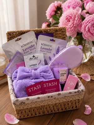 Lavender Spa Gift Basket for Women Relaxing Self Care Gift Set Birthday Mom