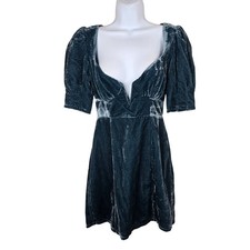 Forever 21 Velvet Puff-Sleeve Open Back Mini Dress Size Small Green