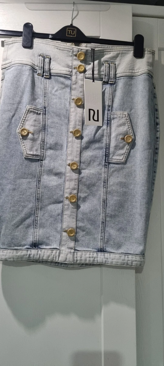 RIVER ISLAND Jeans Stretch Button Down Denim Skirt Size 16 Small