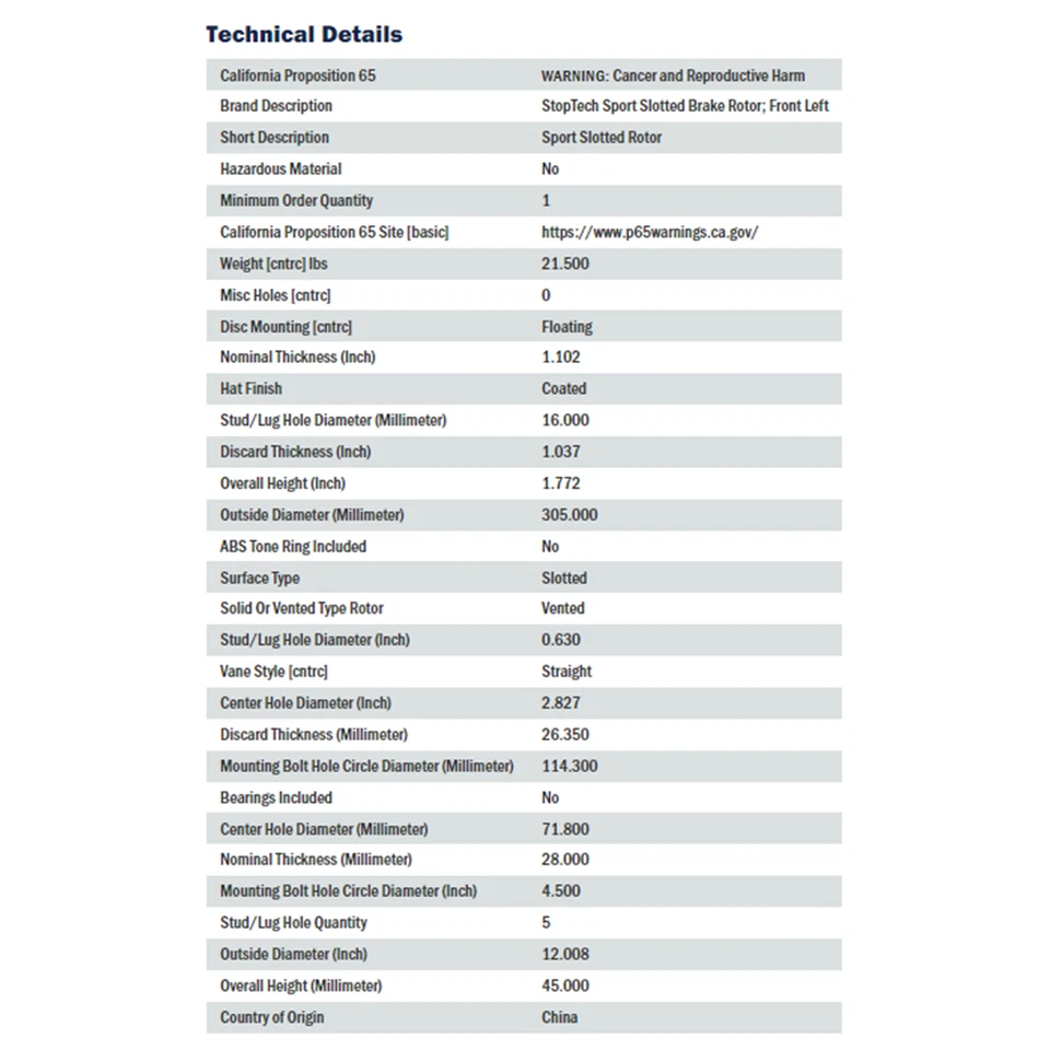Rotores de freno de disco delanteros derechos StopTech Sport para Ford Mercury Grand Marquis Foto 4 de 4