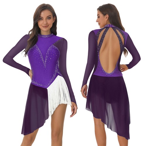 Women's Glittery Skating Dress Long Sleeve Irregular Lyrical Ballet Dancewear - Picture 48 of 132