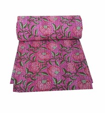Image of Indian Handmade Kantha Block Floral Print Throw Cotton Bedding Bedspread Quilt