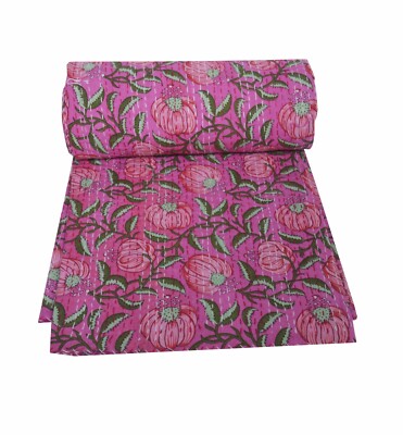 Indian Handmade Kantha Block Floral Print Throw Cotton Bedding Bedspread Quilt