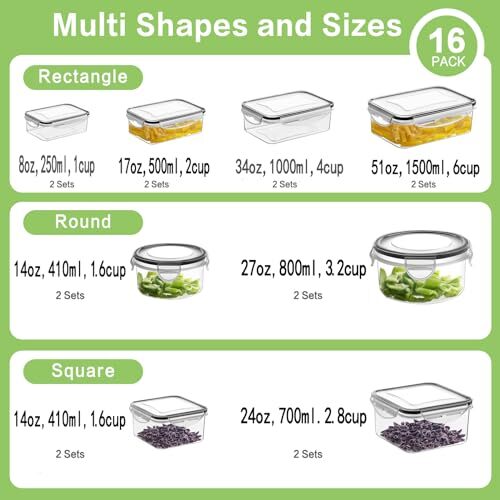 32 Pieces Food Storage Containers Set with Snap Lids (16 Lids + 16 Black - Picture 3 of 8