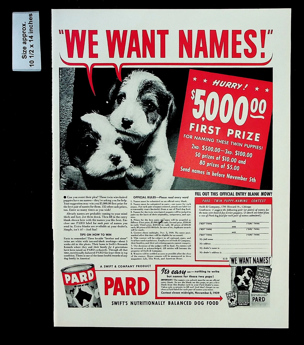 1939 Pard Swift s Dog Food Name Contest Twin Puppies Vintage Print Ad 32590