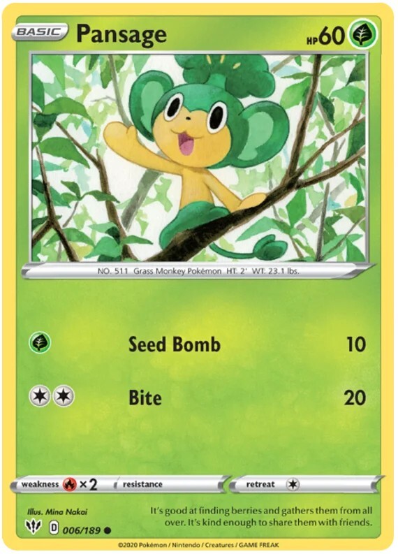 Pansage Pokemon TCG Card 006/189