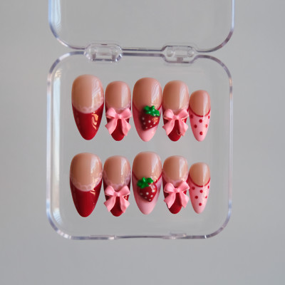 Pink & Red Almond Nails - Medium - 3D Polka Dots - Handmade Gel Press - Ons