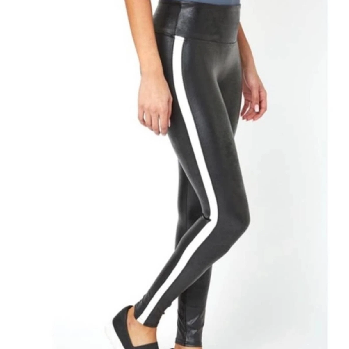 Spanx Leggings Women's Size S Black Faux Leather White Side Stripe Pull-on