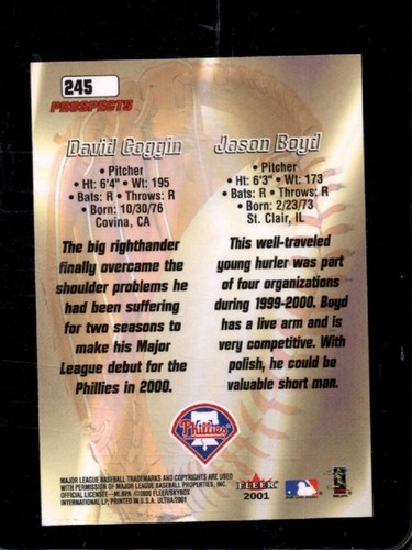 2001 FLEER ULTRA #245 DAVID COGGIN/JASON BOYD NMMT PHILLIES - Picture 2 of 2