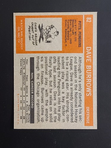 1972-73 Dave Burrows MINT ULTRA HIGH GRADE #82 Topps MINT - Picture 2 of 2