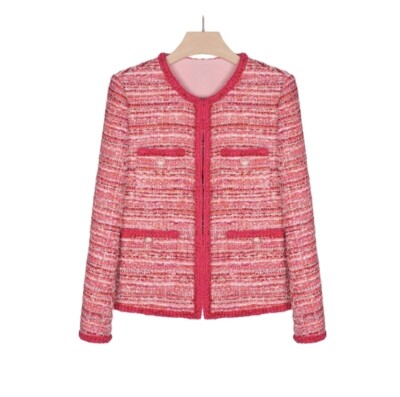 Handmade Tweed Boucle rot rosa Sakko mit glasiertem Knopf Gr. S,M,L,XL