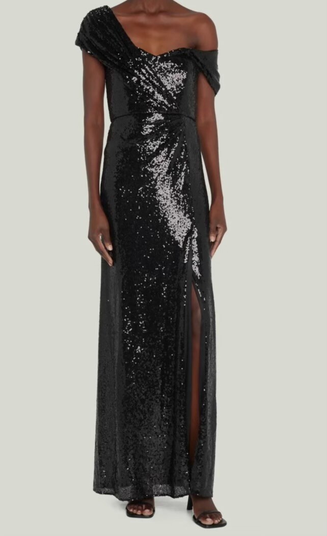 $850 Badgley Mischka Women's Black Off Shoulder Sequin Column Gown Dress Size 4