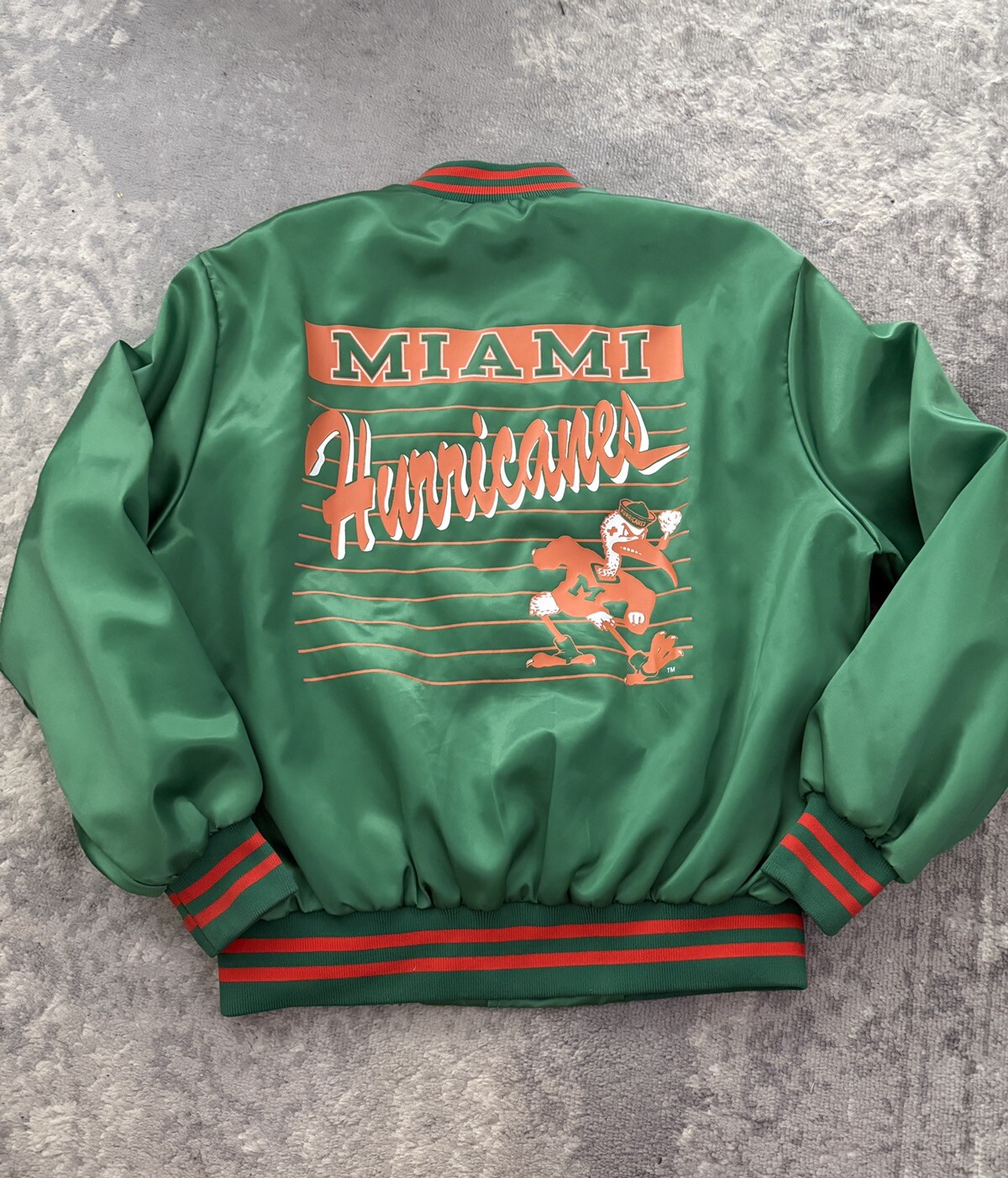 Giacca vintage anni 80 raso Miami Hurricanes Snap Varsity prima fila made in USA XL