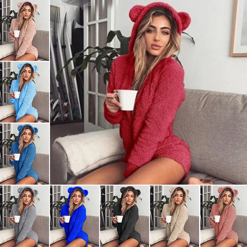 Womens Fluffy Fleece Hooded Teddy Bear Shorts Romper Pajamas Sleepwear Jumpsuits