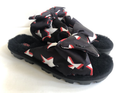 UGG LUSHETTE PUFFER STARS BLACK SATIN BOW MOCASSIN SLIPPERS US