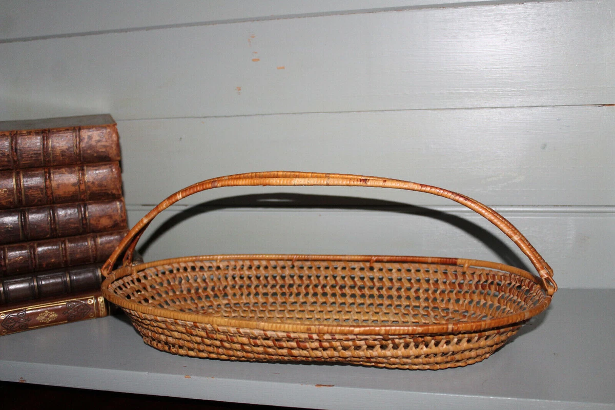 Vintage Retro Boho Double Handle Bread Basket Wicker Bamboo Woven 1970s 70s