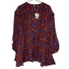 FREE PEOPLE Dress Small Flower Fields Mini Burgundy Blouson Boho Bohemian NWT