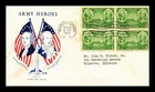 US COVER ARMY HEROES WASHINGTON GREENE FDC SCOTT 785 BLOCK OF 4 GRIMSLAND