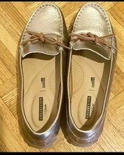 Clarks Gold Bow Slip On Loafer Flats Women's Cushion Casual Shoes