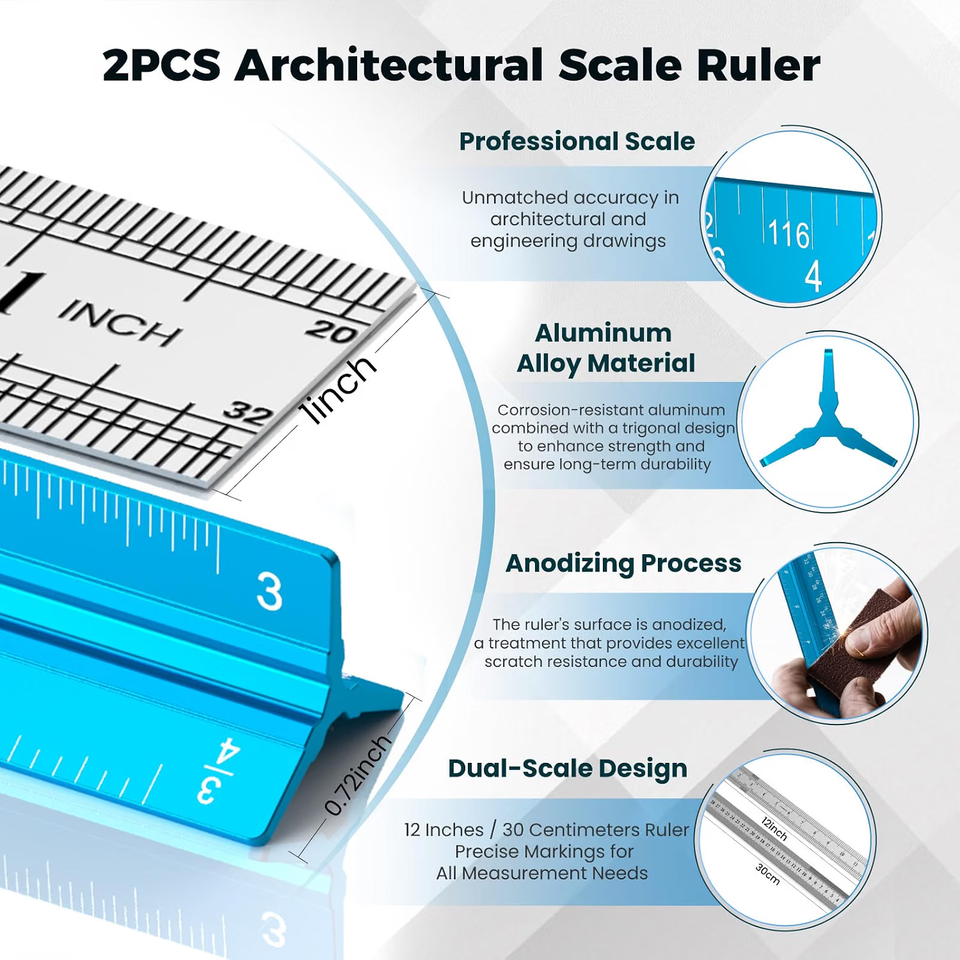 Feed Ruler Architectural Scale Ruler 12 Inch, Aluminum Architect Ruler & Metal ...