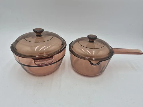 Vtg Corning Pyrex Vision Double Boiler  V-20-B  Insert & 1L Sauce Pot + Lids