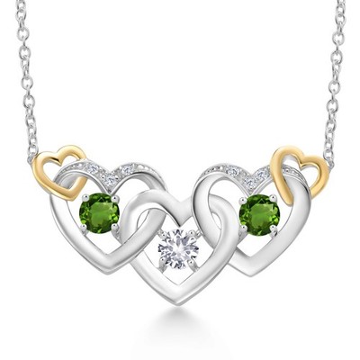 925 Silver and 10K Yellow Gold White Created Sapphire Green Tourmaline and