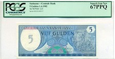 Suriname 1982 5 Gulden Bank Note Superb Gem New 67 PPQ PCGS Currency