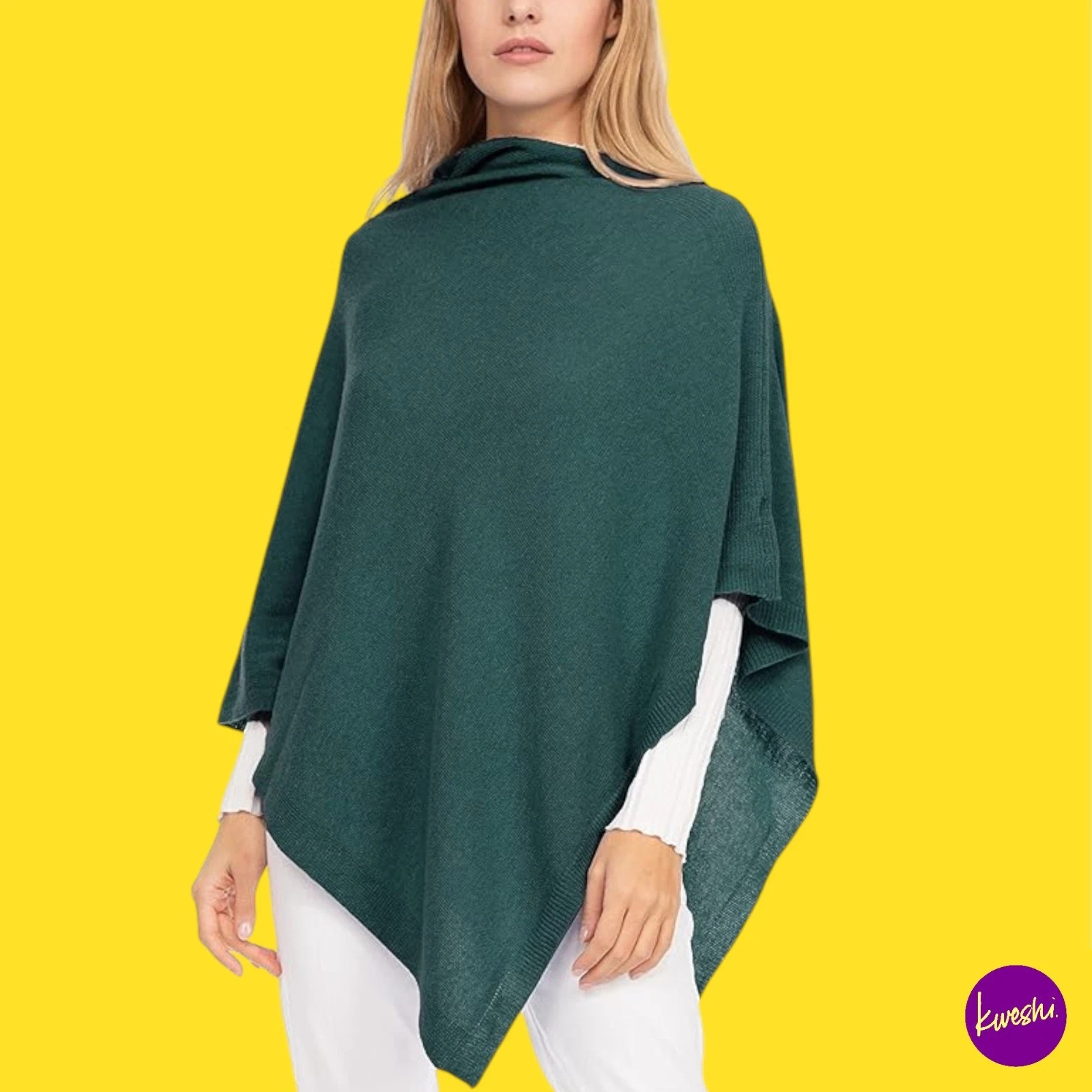 CADENZA Women's Cashmere Blend Poncho, Made in Italy, Forest Green, One Size