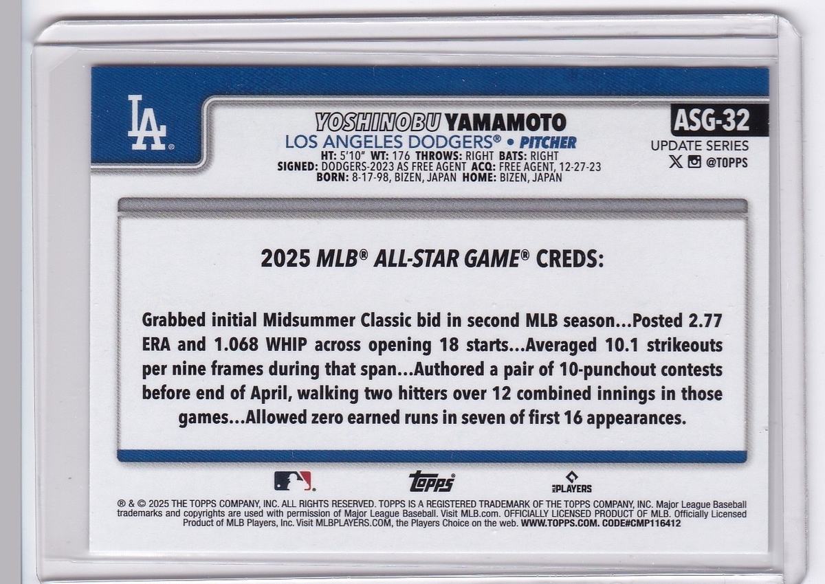 Yoshinobu Yamamoto ALL STAR GAME 2025 Topps Update #ASG-32 Dodgers