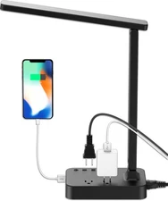 LED Desk Lamp  with 1 USB Charging Port 2 AC Power Outlet, 3 Lighting Modes, ...